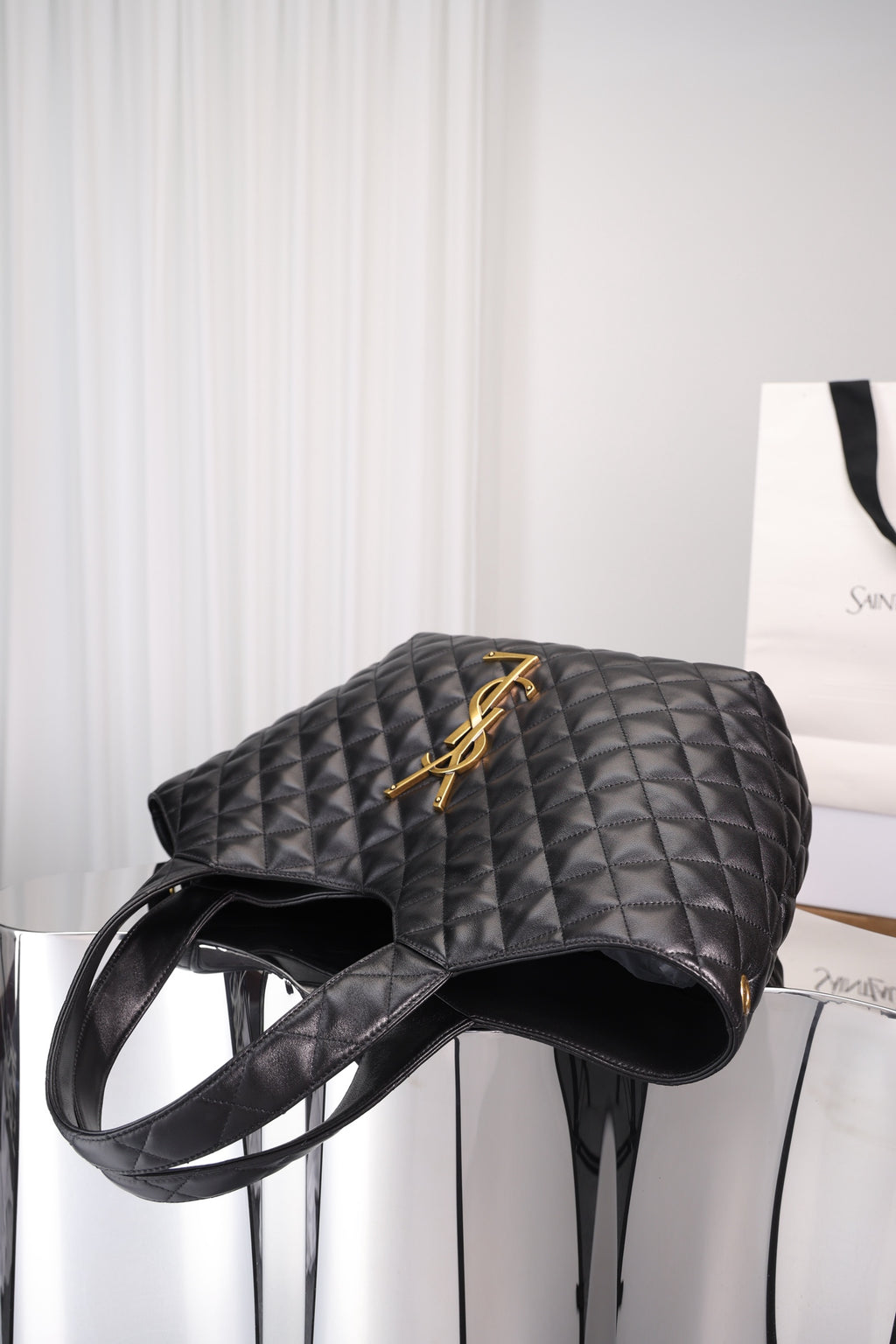 Saint Laurent Icare Shopping Bag Small — Black Quilted Lambskin with Antique Gold Hardware