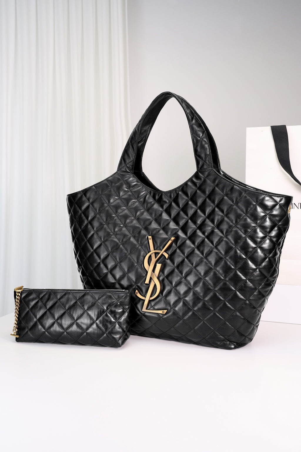 Saint Laurent Icare Shopping Bag Large — Black Quilted Nappa Lambskin with Antique Gold Hardware