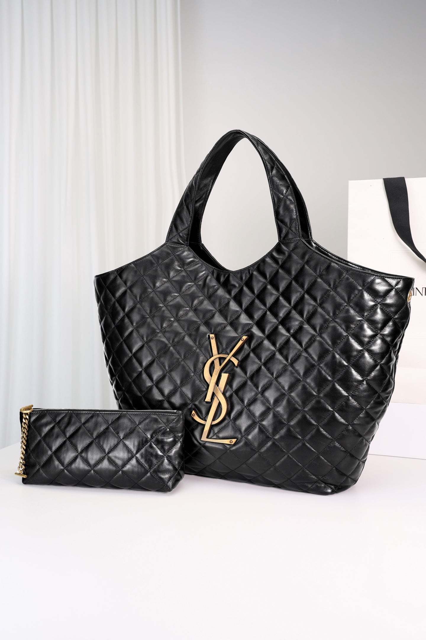 Saint Laurent Icare Shopping Bag Large — Black Quilted Nappa Lambskin with Antique Gold Hardware