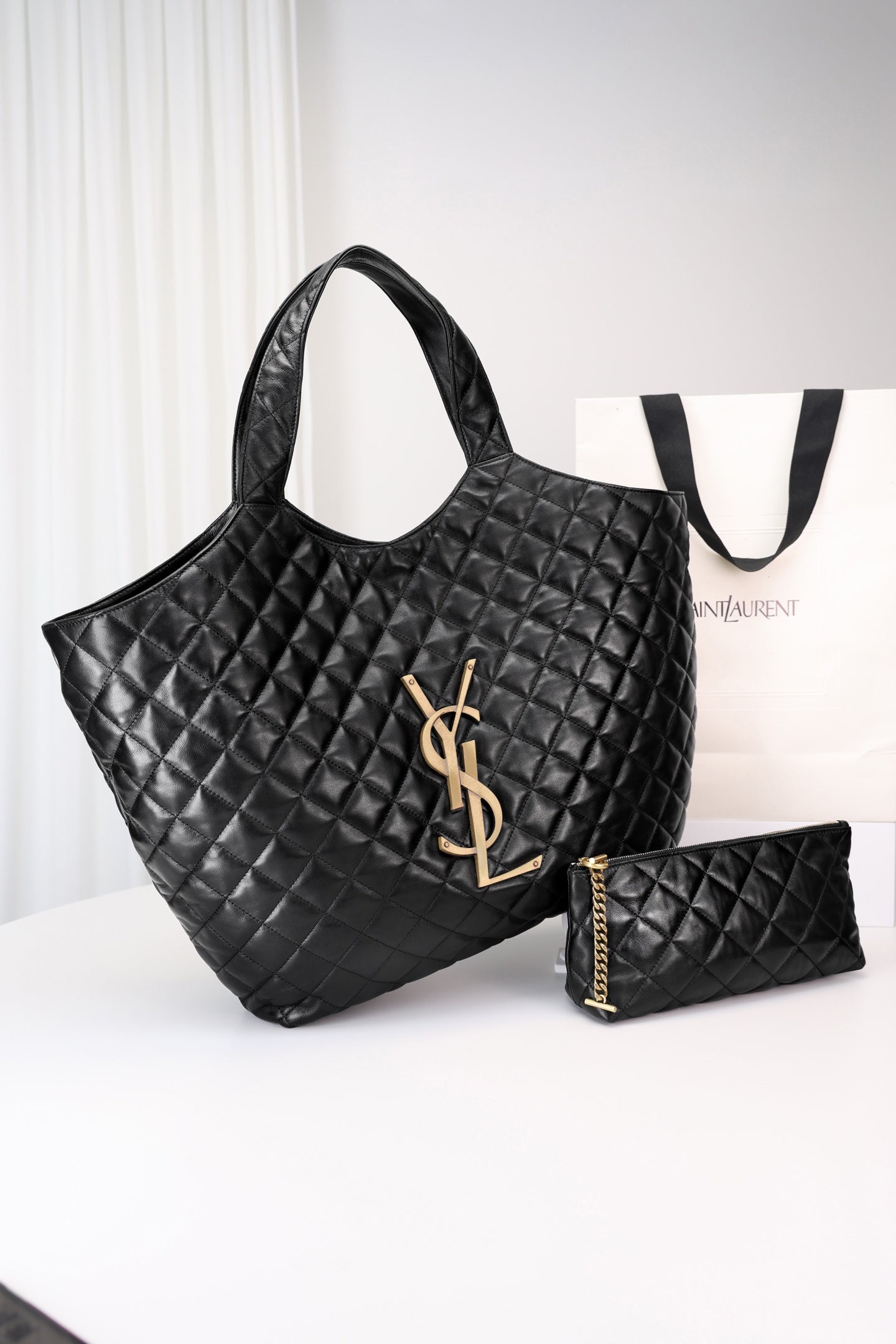 Saint Laurent Icare Shopping Bag Large — Black Quilted Nappa Lambskin with Antique Gold Hardware