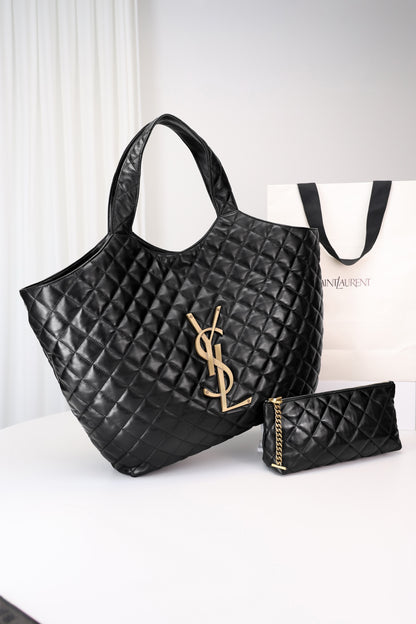 Saint Laurent Icare Shopping Bag Large — Black Quilted Nappa Lambskin with Antique Gold Hardware