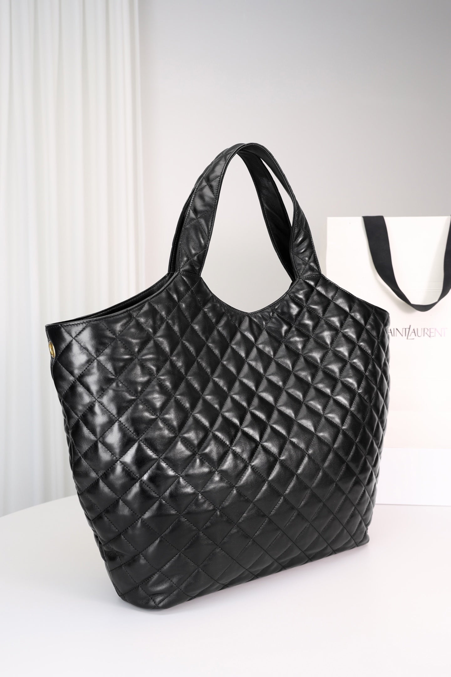 Saint Laurent Icare Shopping Bag Large — Black Quilted Nappa Lambskin with Antique Gold Hardware