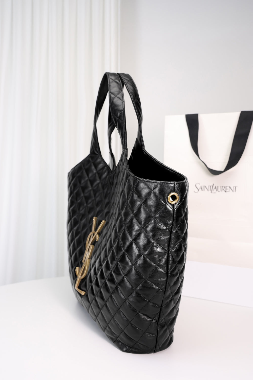 Saint Laurent Icare Shopping Bag Large — Black Quilted Nappa Lambskin with Antique Gold Hardware