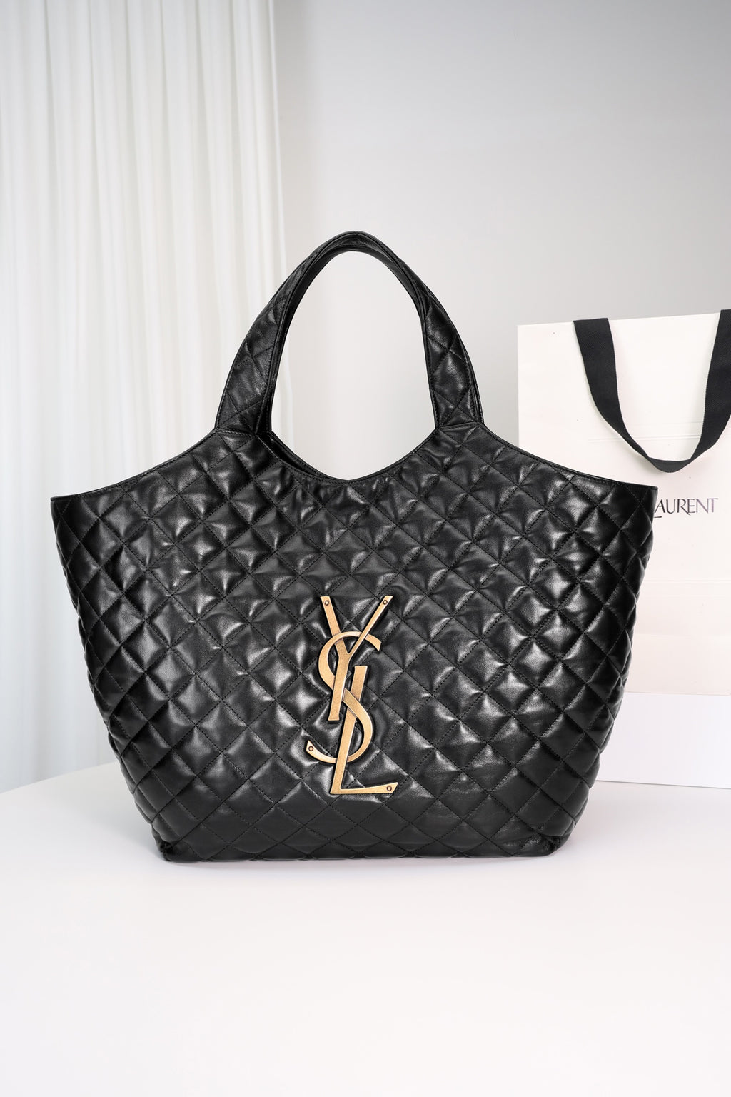 Saint Laurent Icare Shopping Bag Large — Black Quilted Nappa Lambskin with Antique Gold Hardware