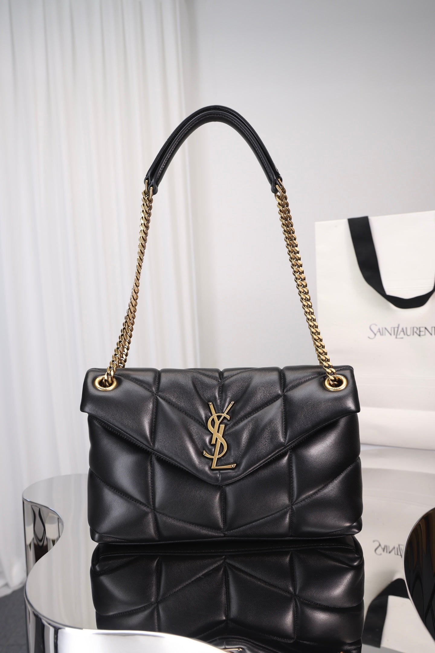 Saint Laurent Puffer Small Bag — Black Quilted Lambskin with Light Gold Hardware