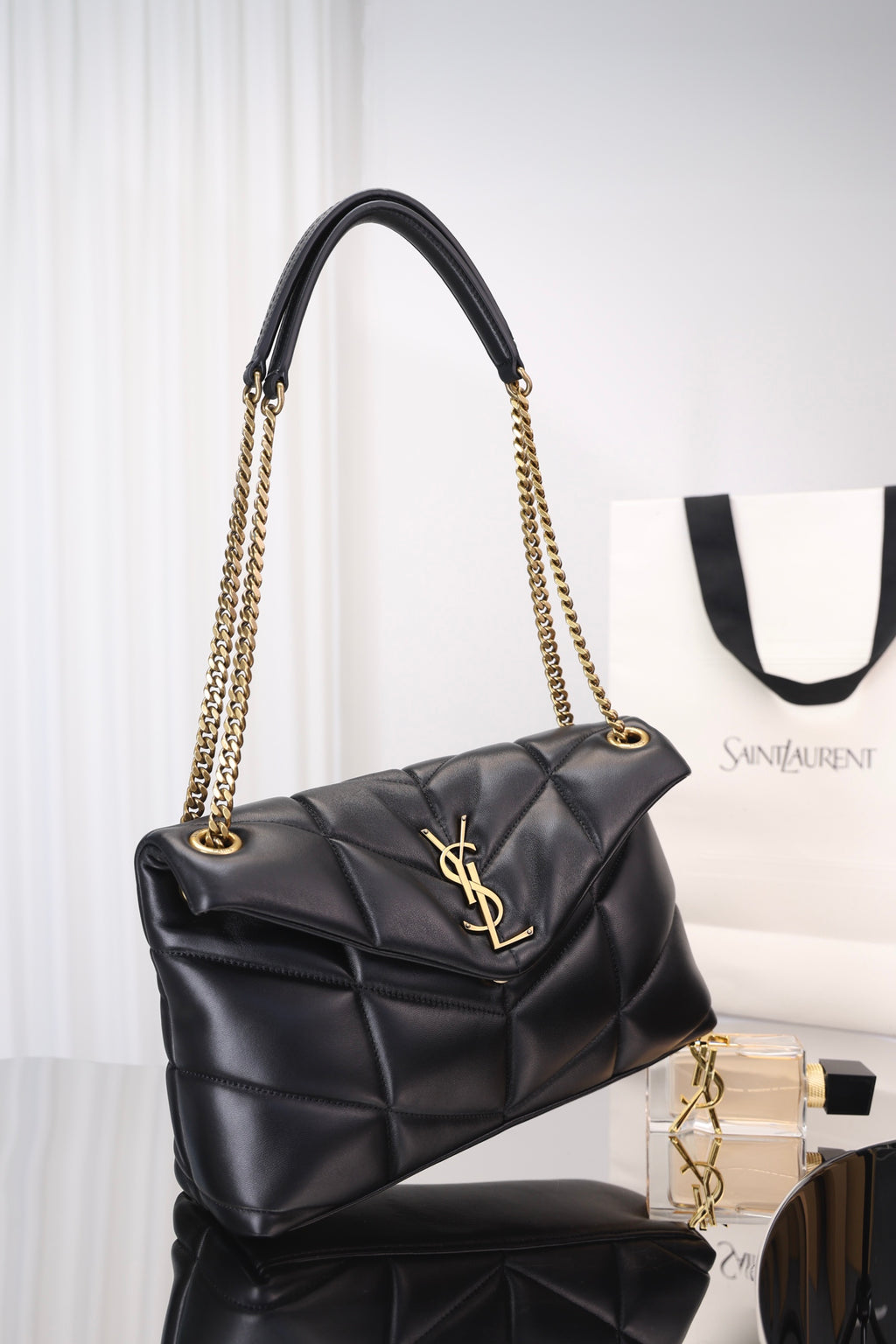 Saint Laurent Puffer Small Bag — Black Quilted Lambskin with Light Gold Hardware