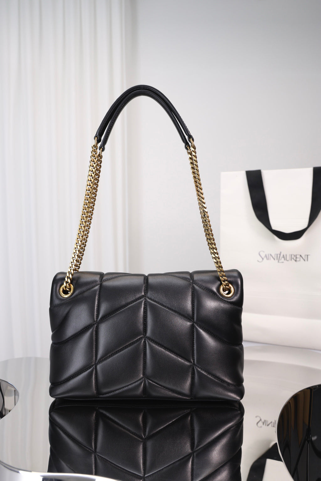 Saint Laurent Puffer Small Bag — Black Quilted Lambskin with Light Gold Hardware
