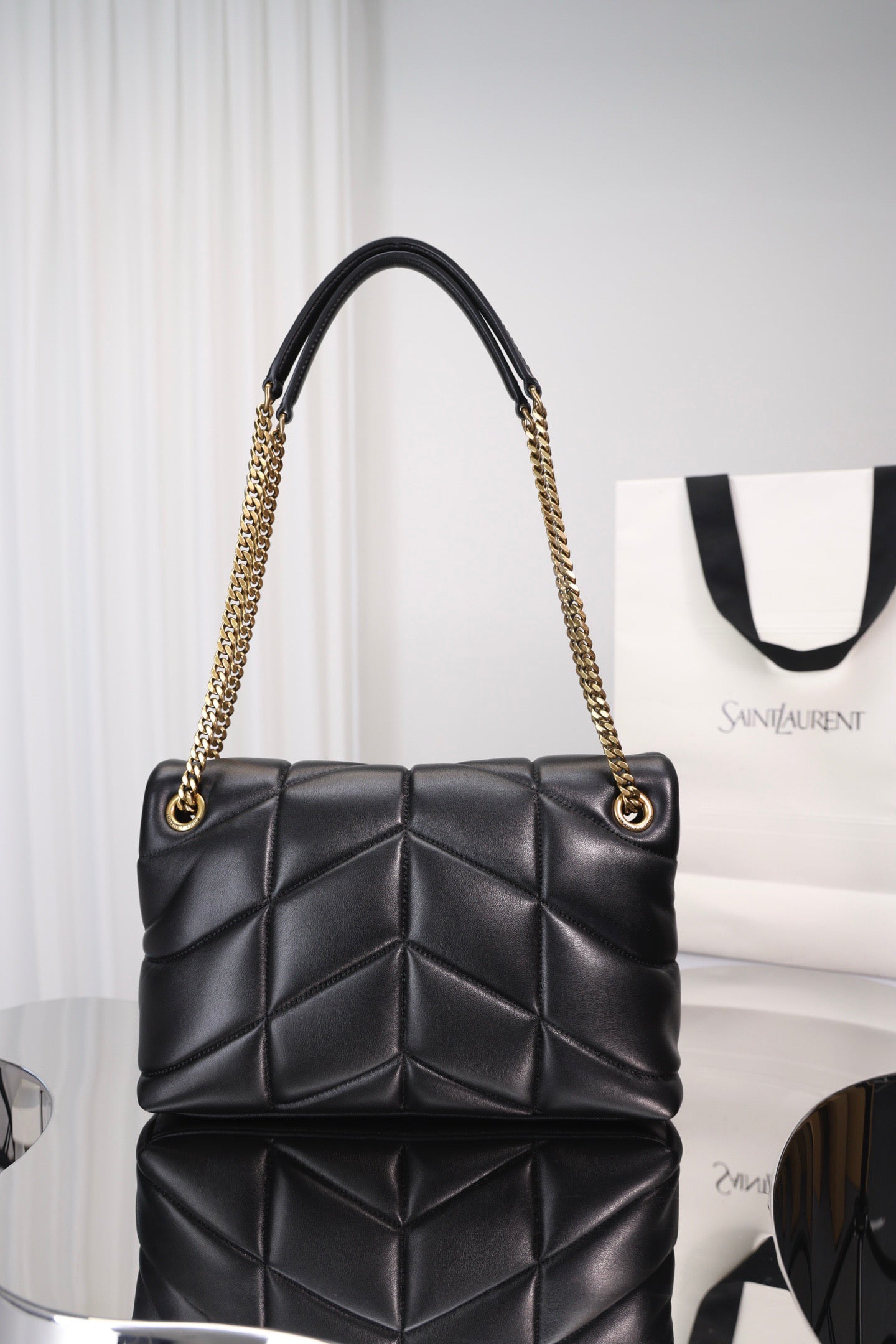 Saint Laurent Puffer Small Bag — Black Quilted Lambskin with Light Gold Hardware