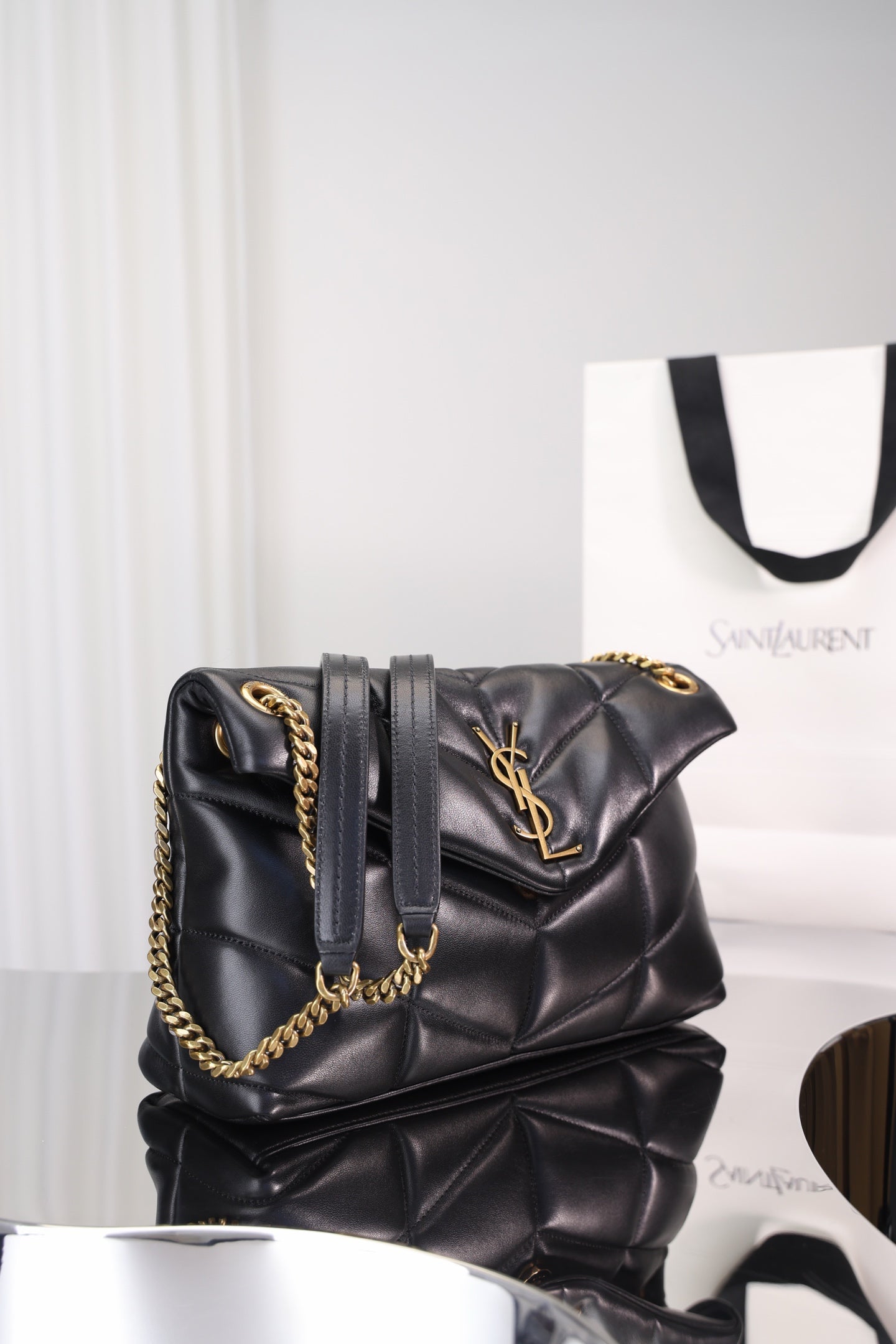 Saint Laurent Puffer Small Bag — Black Quilted Lambskin with Light Gold Hardware
