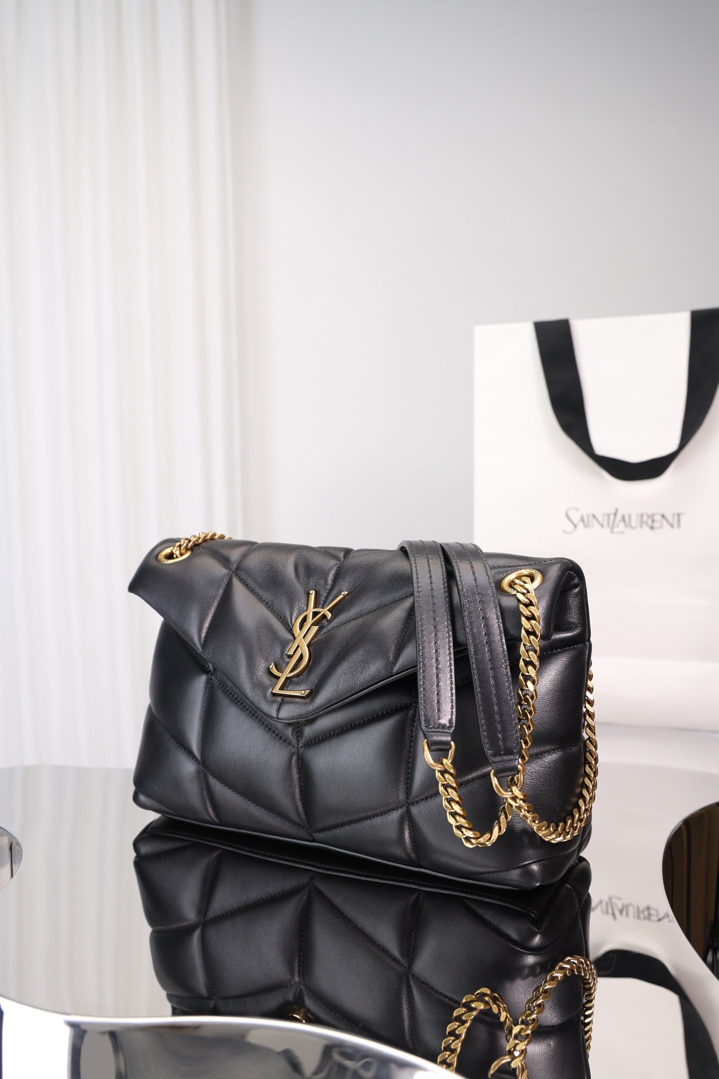 Saint Laurent Puffer Small Bag — Black Quilted Lambskin with Light Gold Hardware