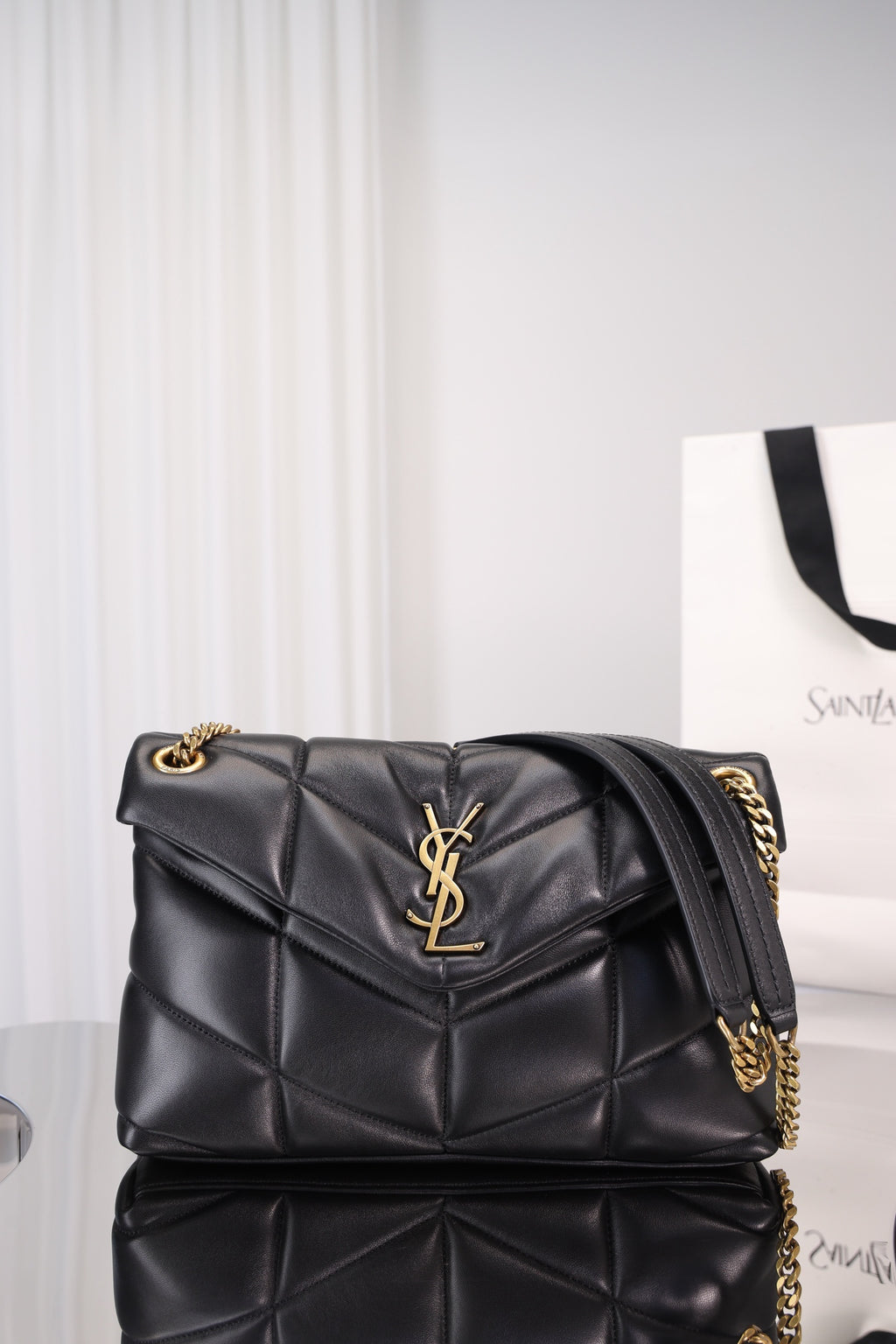 Saint Laurent Puffer Small Bag — Black Quilted Lambskin with Light Gold Hardware