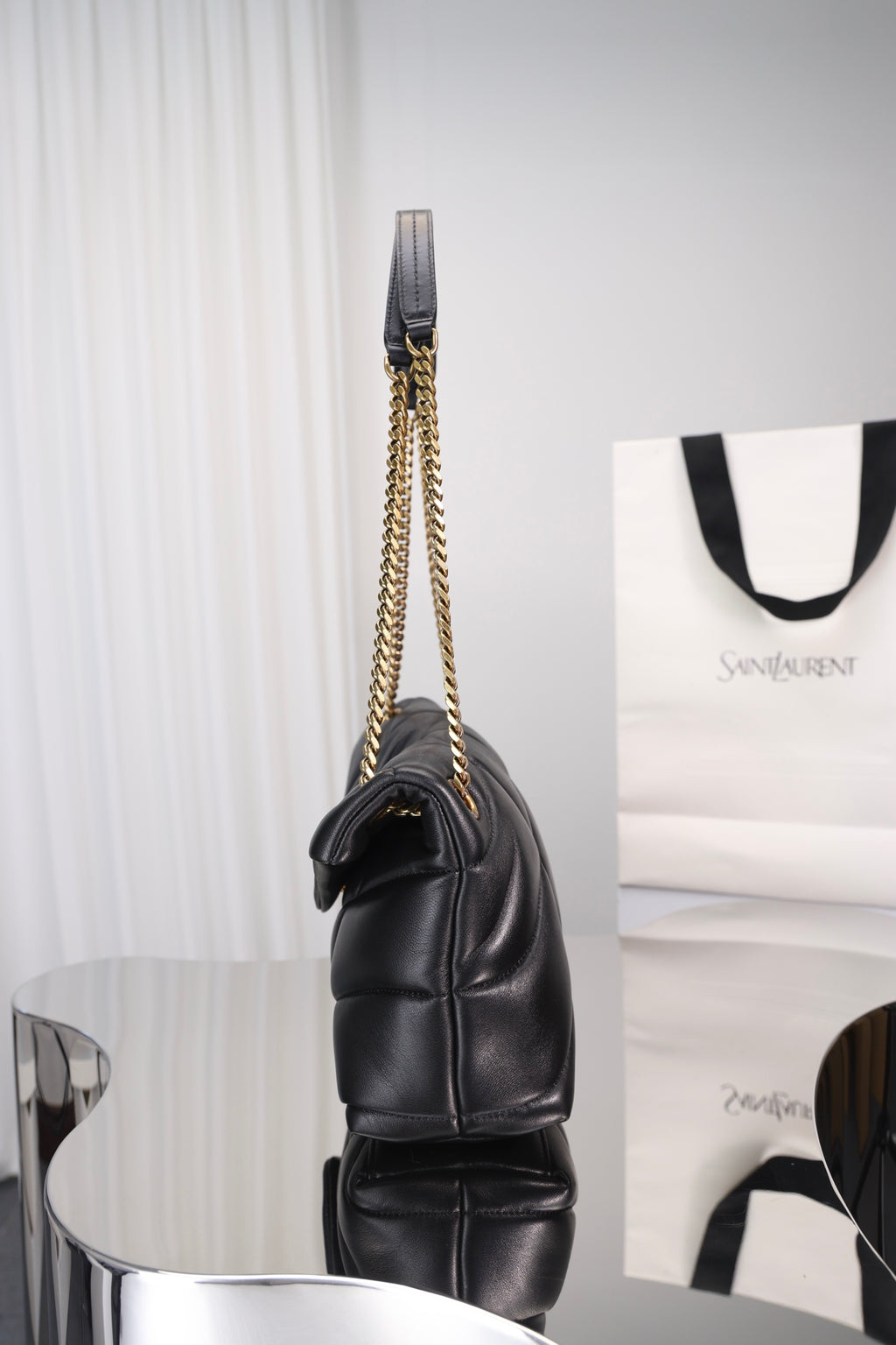 Saint Laurent Puffer Small Bag — Black Quilted Lambskin with Light Gold Hardware