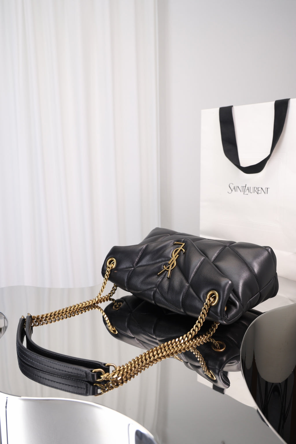Saint Laurent Puffer Small Bag — Black Quilted Lambskin with Light Gold Hardware