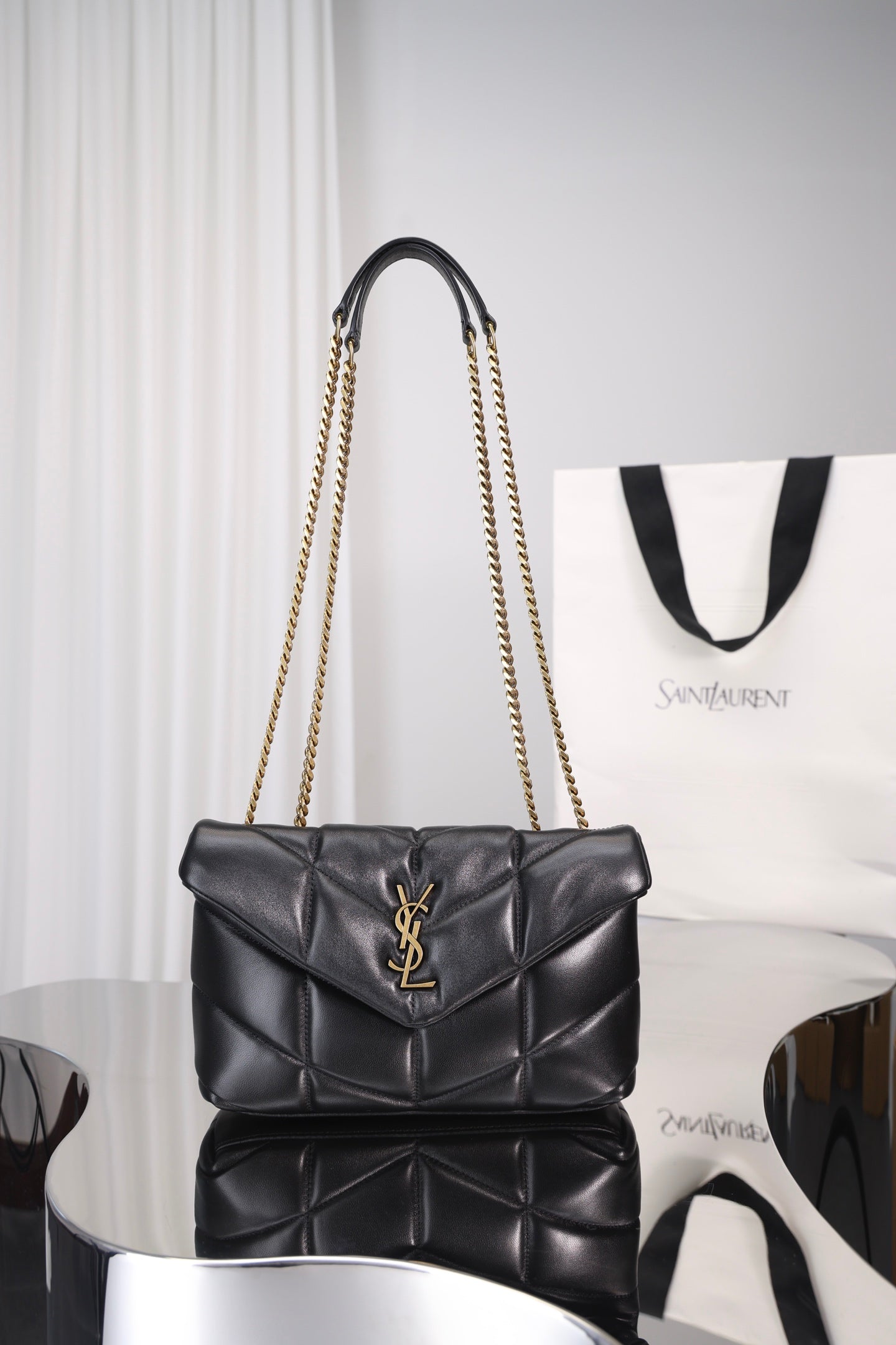 Saint Laurent Loulou Puffer Mini Bag — Black Nappa Lambskin with Antique Gold Hardware