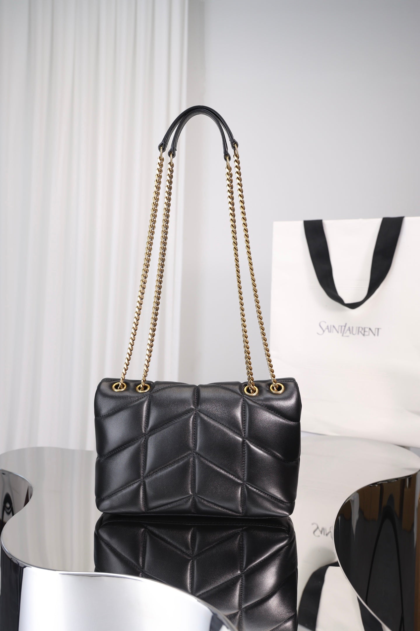 Saint Laurent Loulou Puffer Mini Bag — Black Nappa Lambskin with Antique Gold Hardware