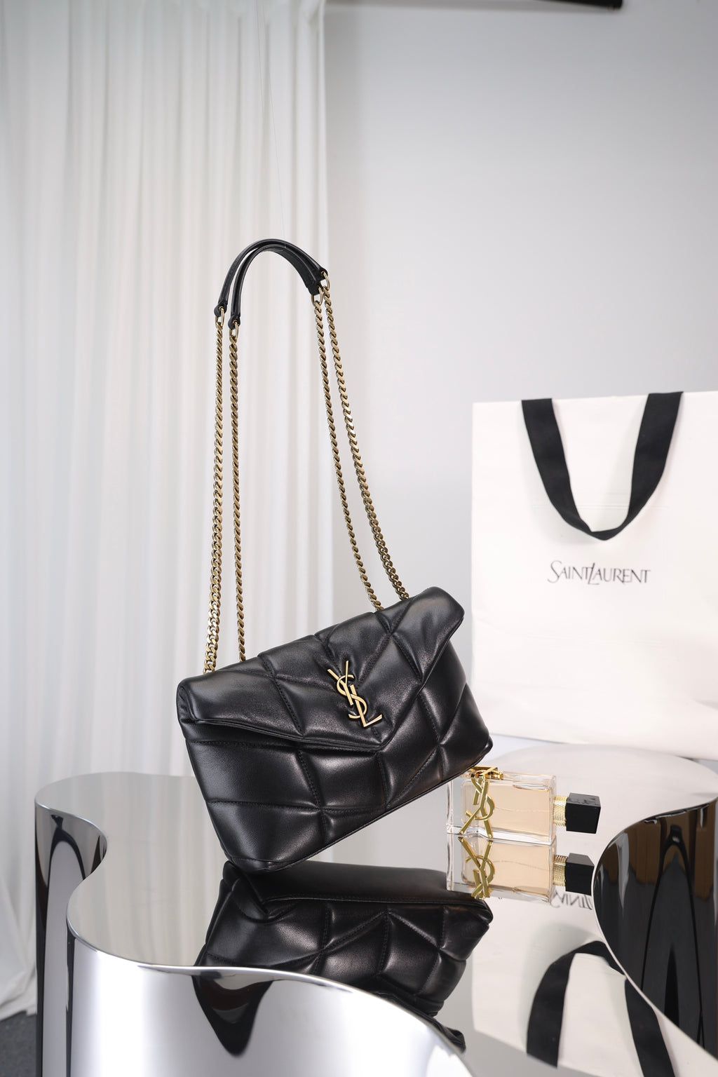 Saint Laurent Loulou Puffer Mini Bag — Black Nappa Lambskin with Antique Gold Hardware