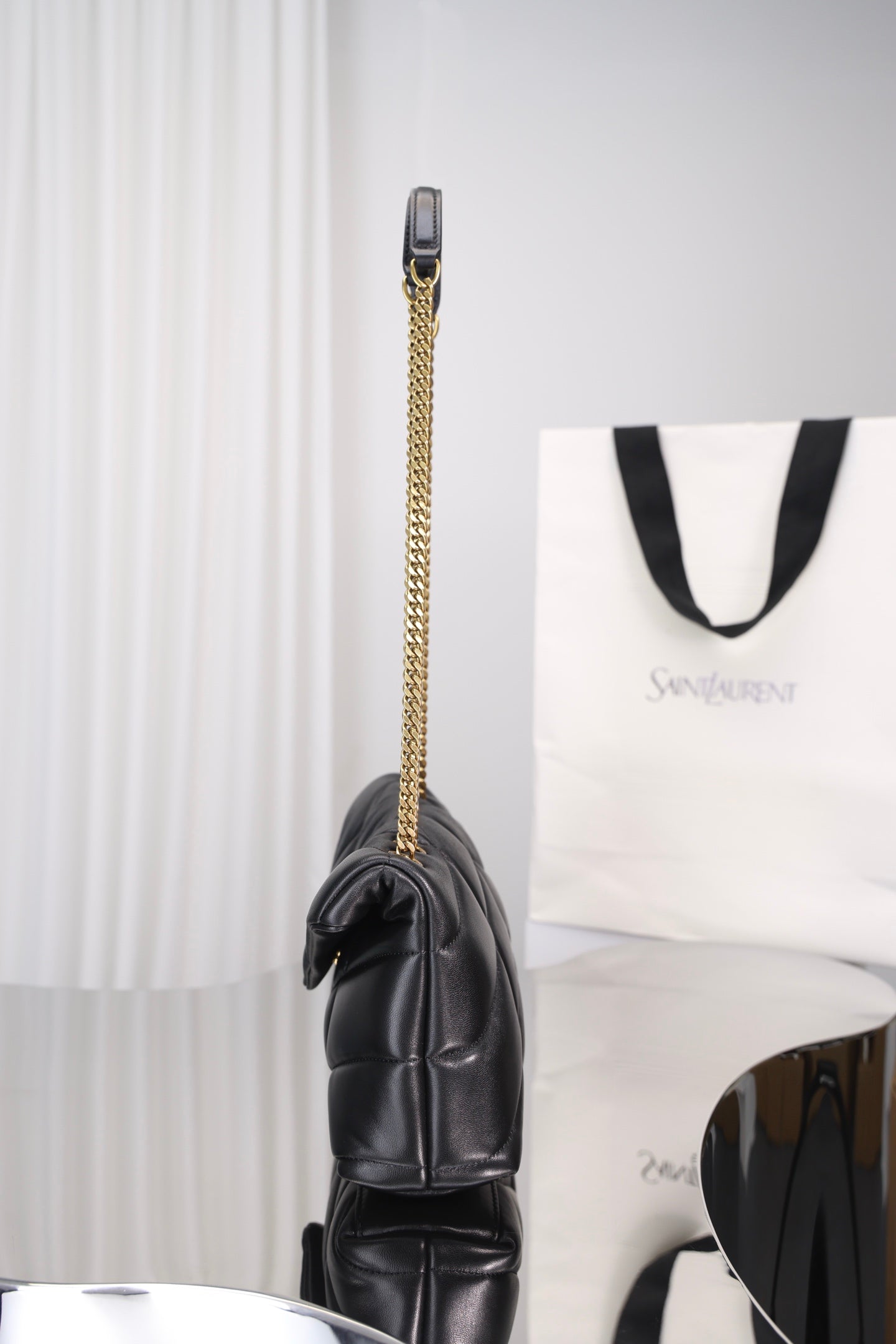 Saint Laurent Loulou Puffer Mini Bag — Black Nappa Lambskin with Antique Gold Hardware