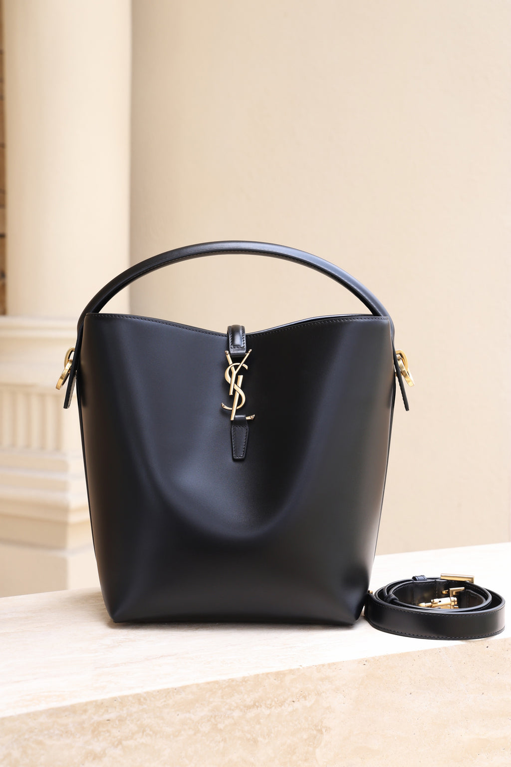 Saint Laurent Le 37 Medium Bucket Bag — Black Shiny Leather with Light Gold Hardware