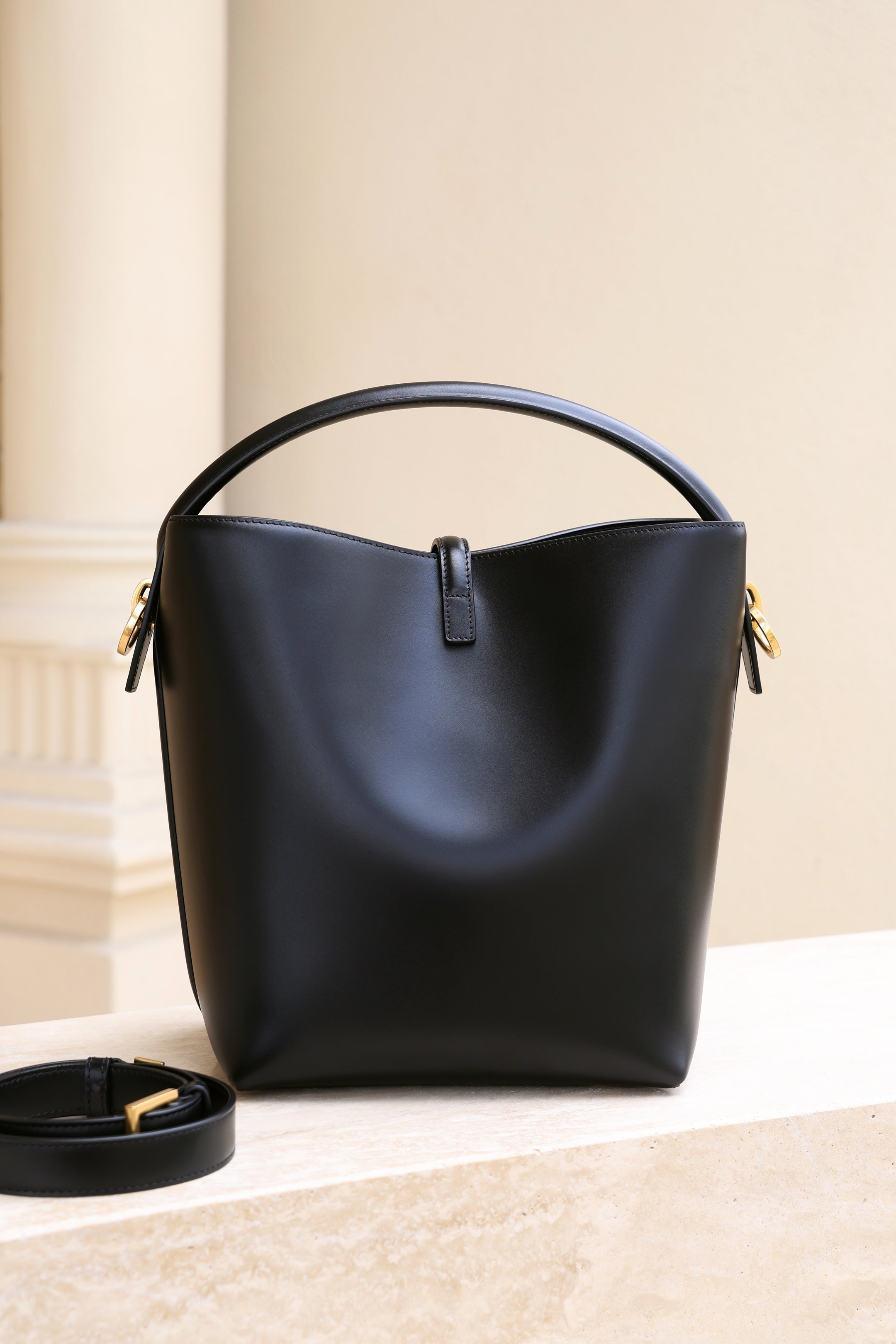 Saint Laurent Le 37 Medium Bucket Bag — Black Shiny Leather with Light Gold Hardware