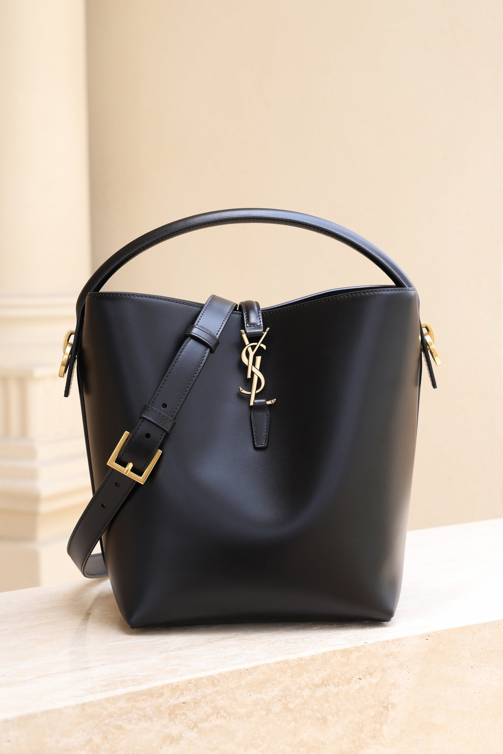 Saint Laurent Le 37 Medium Bucket Bag — Black Shiny Leather with Light Gold Hardware
