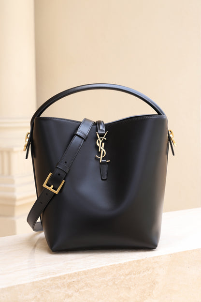 Saint Laurent Le 37 Medium Bucket Bag — Black Shiny Leather with Light Gold Hardware