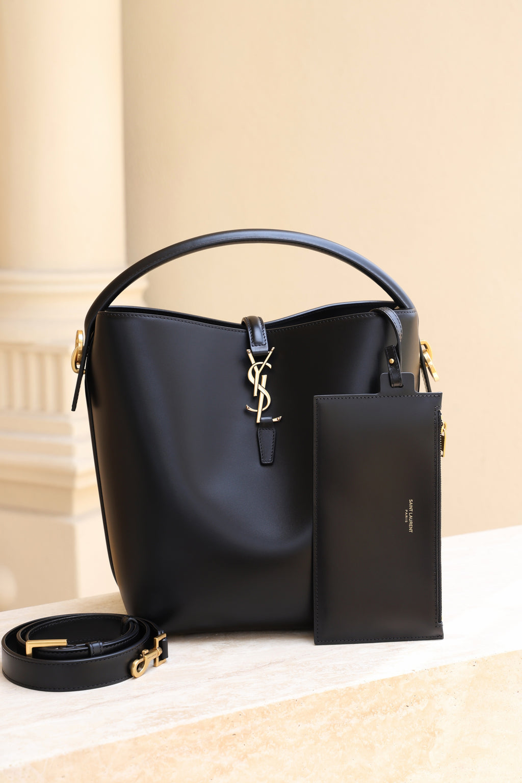 Saint Laurent Le 37 Medium Bucket Bag — Black Shiny Leather with Light Gold Hardware