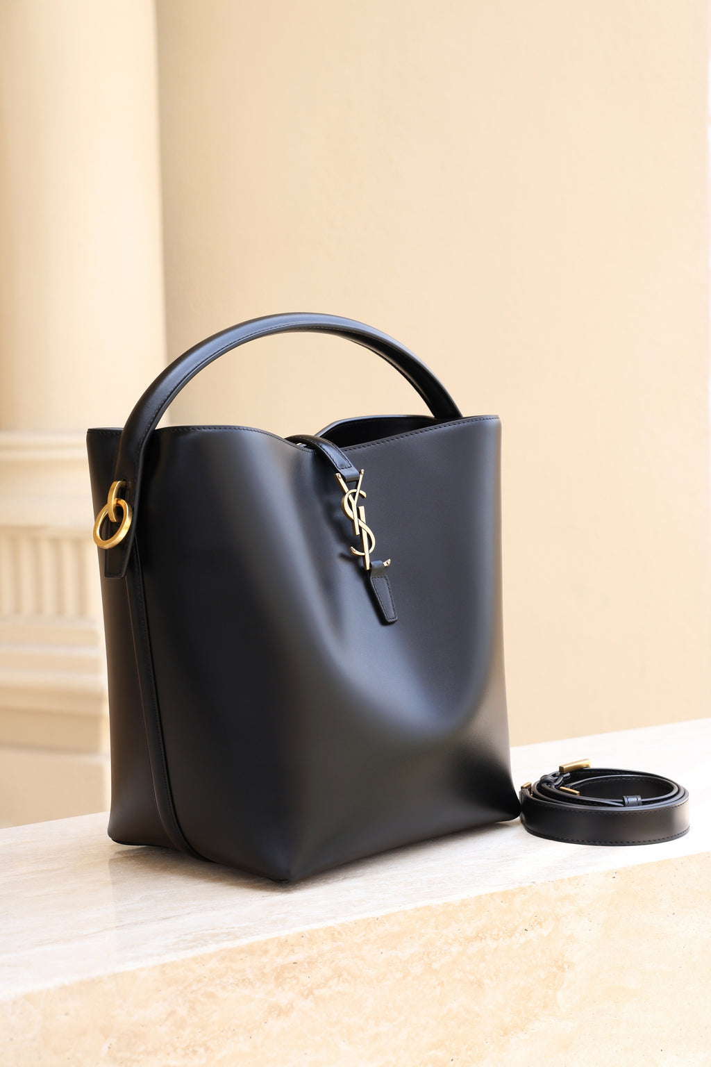 Saint Laurent Le 37 Medium Bucket Bag — Black Shiny Leather with Light Gold Hardware