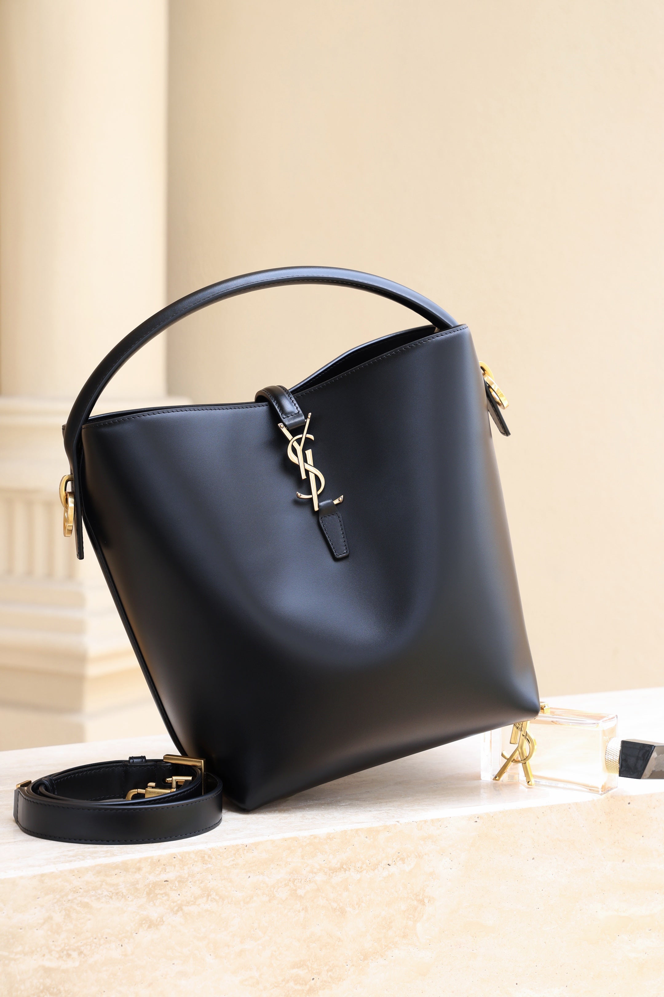Saint Laurent Le 37 Medium Bucket Bag — Black Shiny Leather with Light Gold Hardware
