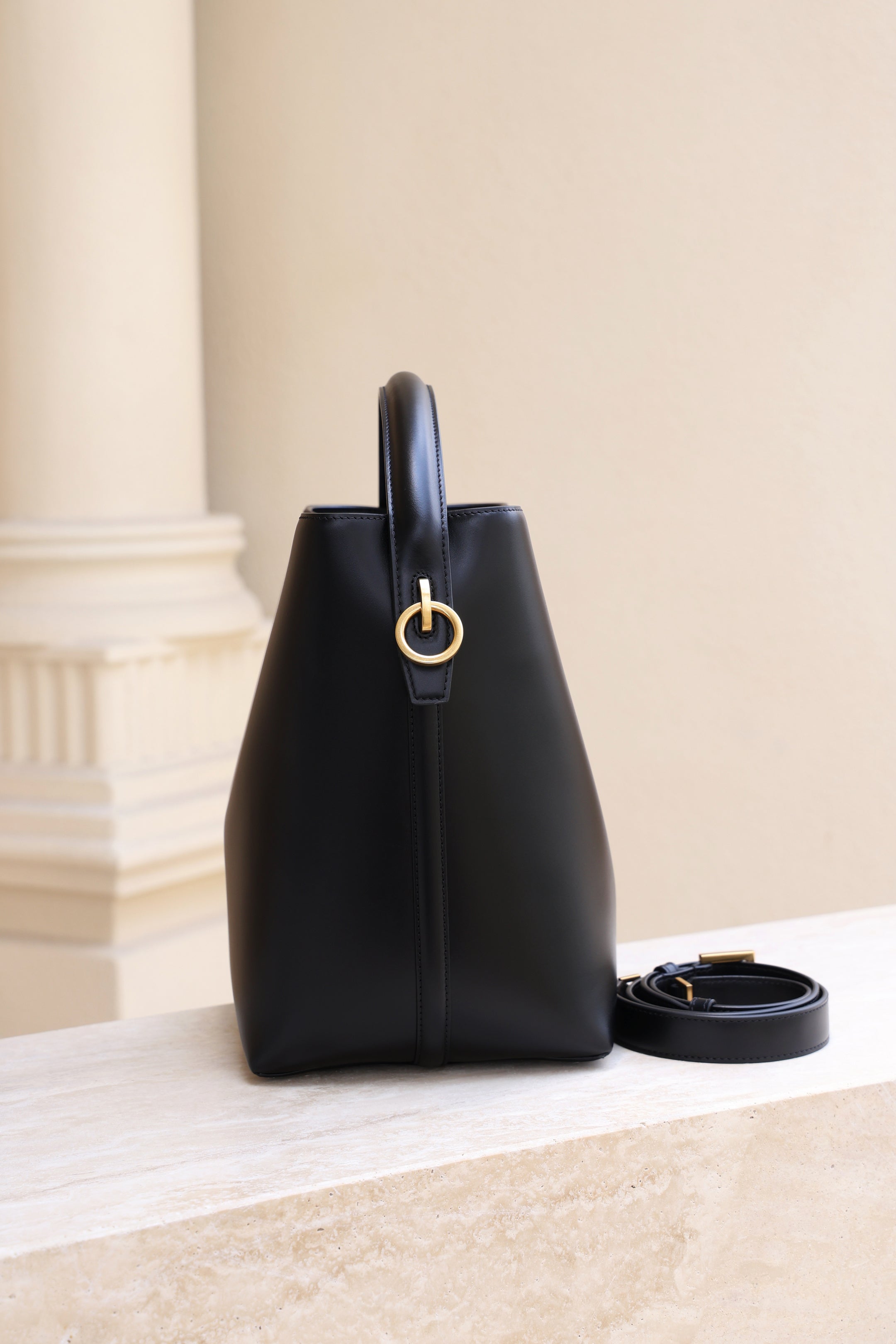 Saint Laurent Le 37 Medium Bucket Bag — Black Shiny Leather with Light Gold Hardware