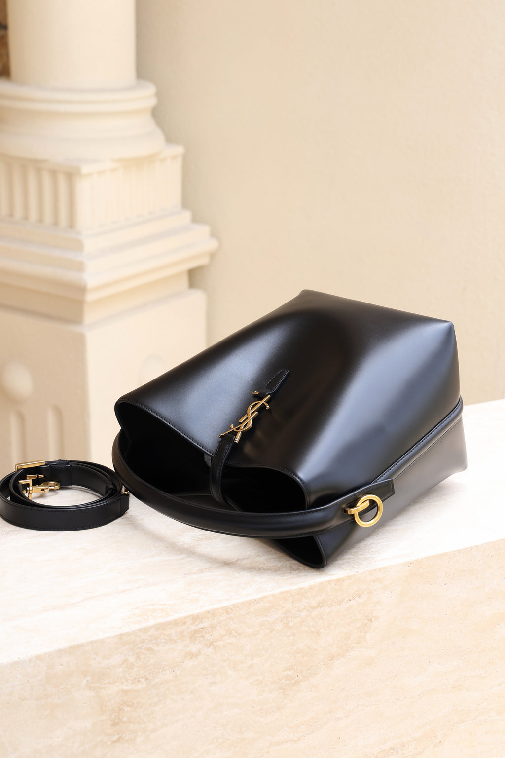 Saint Laurent Le 37 Medium Bucket Bag — Black Shiny Leather with Light Gold Hardware