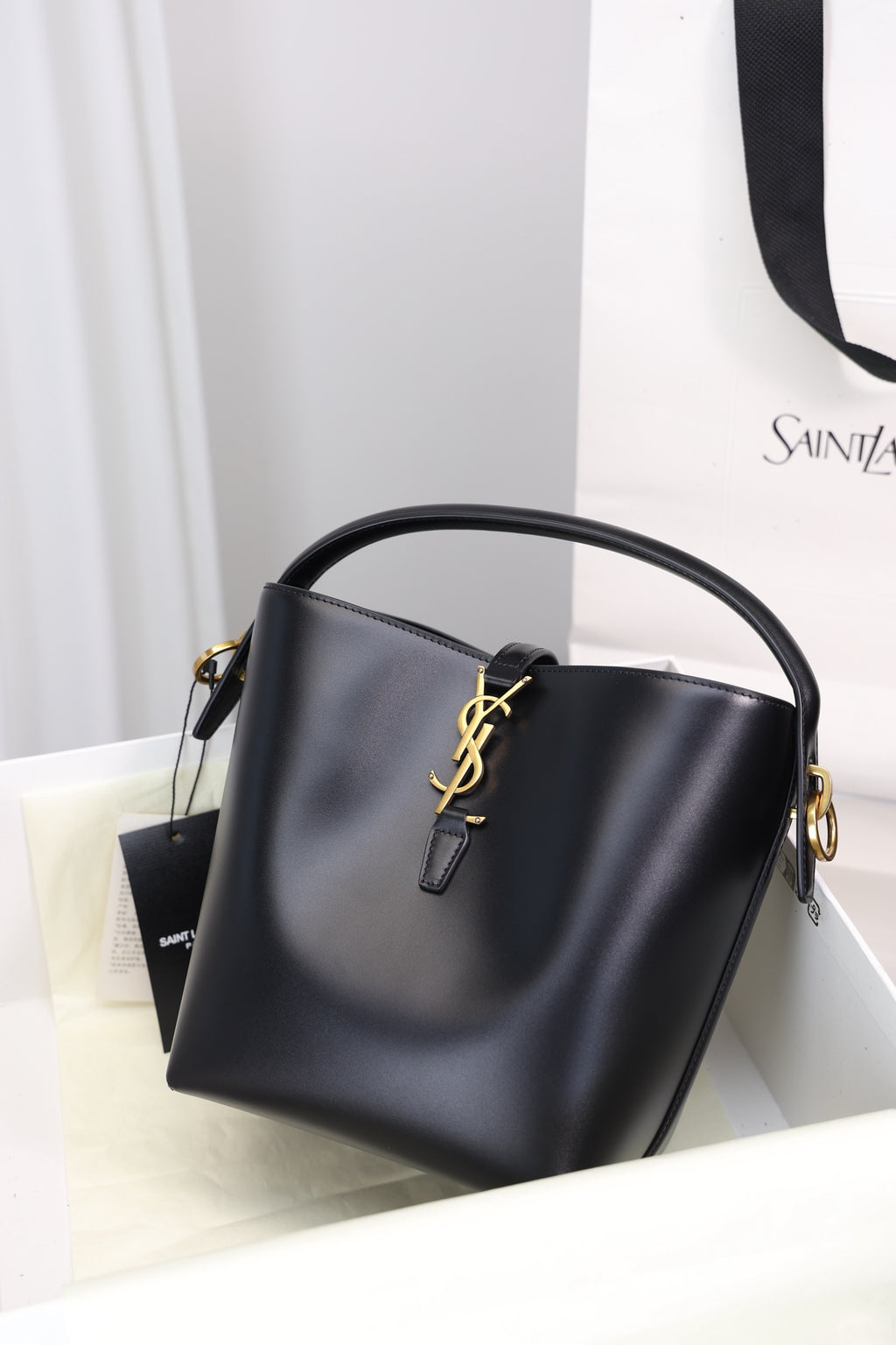 Saint Laurent Le 37 Small Bucket Bag — Black Shiny Leather with Antique Gold Hardware