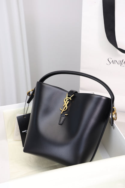 Saint Laurent Le 37 Small Bucket Bag — Black Shiny Leather with Antique Gold Hardware