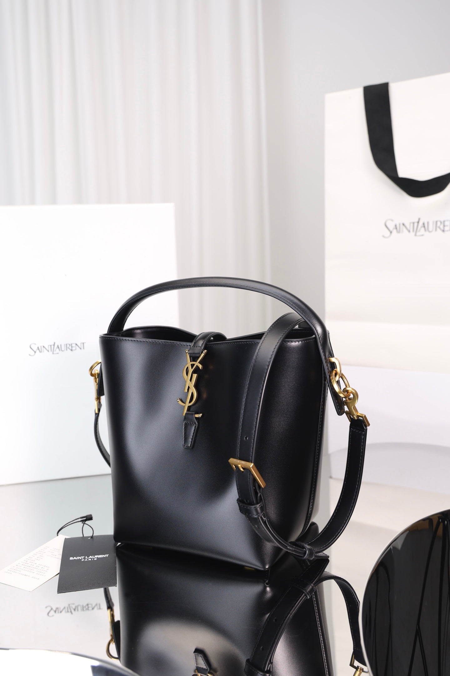 Saint Laurent Le 37 Small Bucket Bag — Black Shiny Leather with Antique Gold Hardware