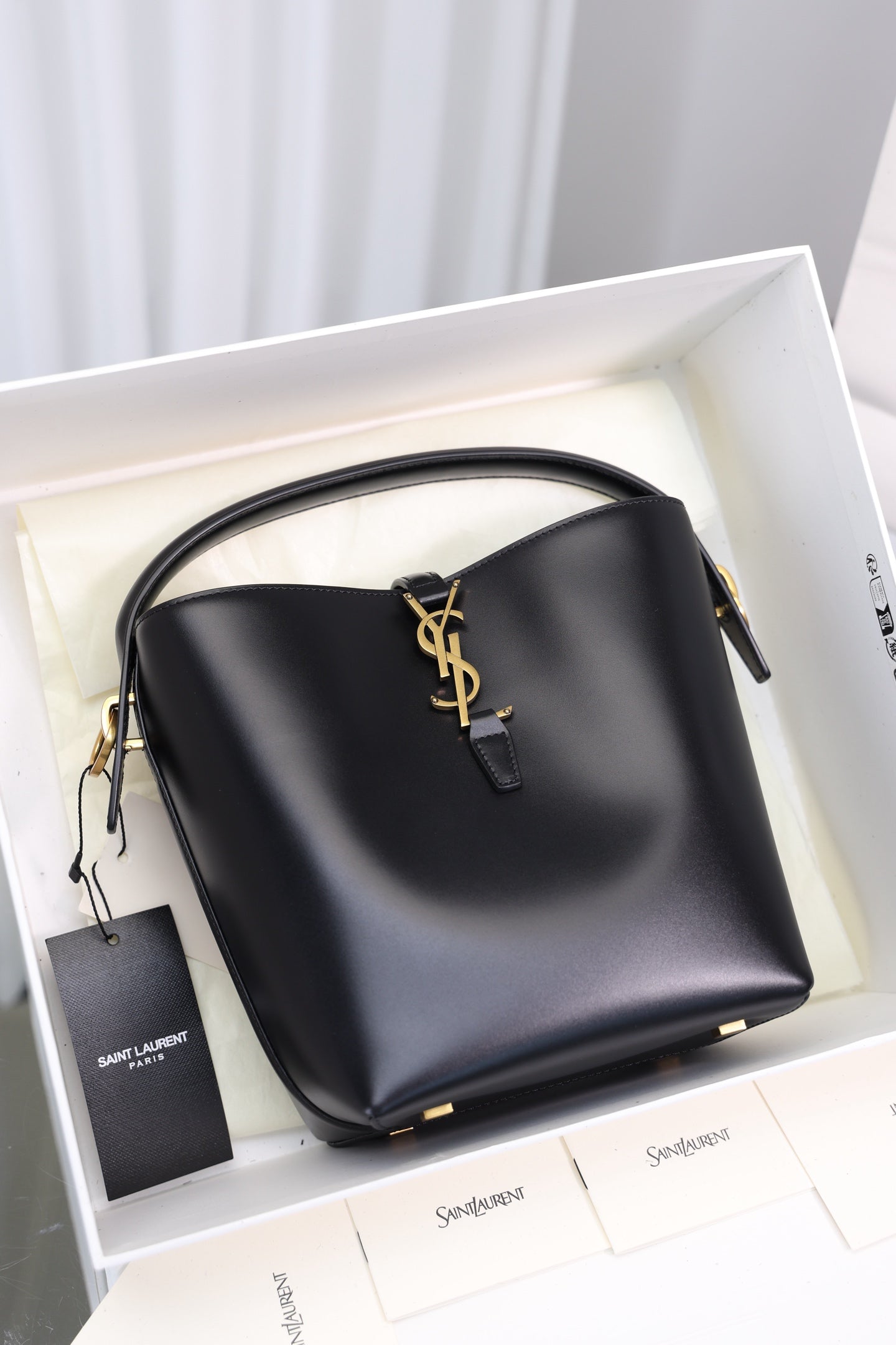 Saint Laurent Le 37 Small Bucket Bag — Black Shiny Leather with Antique Gold Hardware