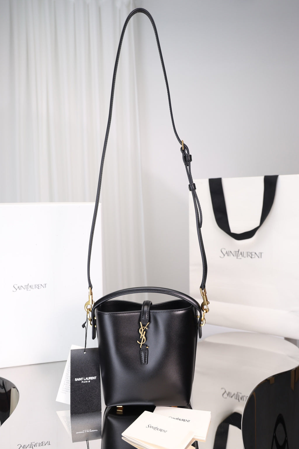 Saint Laurent Le 37 Small Bucket Bag — Black Shiny Leather with Antique Gold Hardware