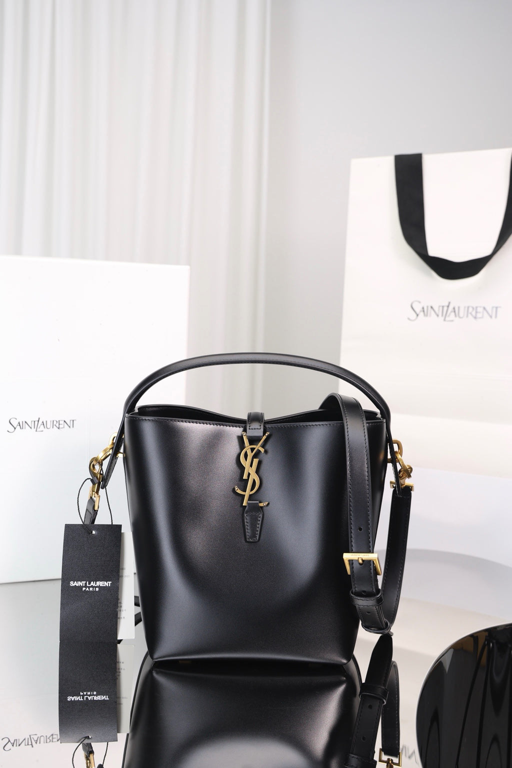 Saint Laurent Le 37 Small Bucket Bag — Black Shiny Leather with Antique Gold Hardware