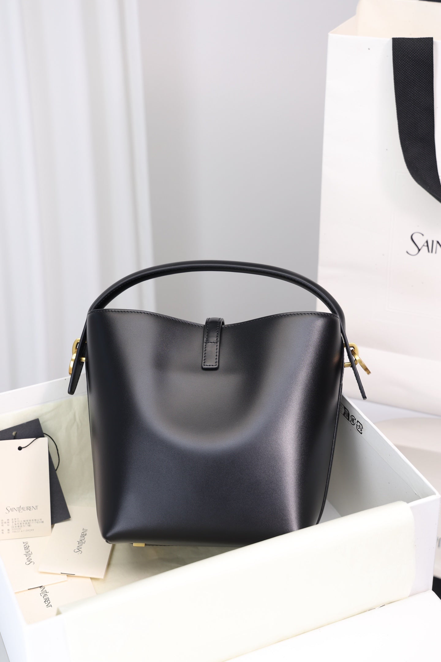 Saint Laurent Le 37 Small Bucket Bag — Black Shiny Leather with Antique Gold Hardware