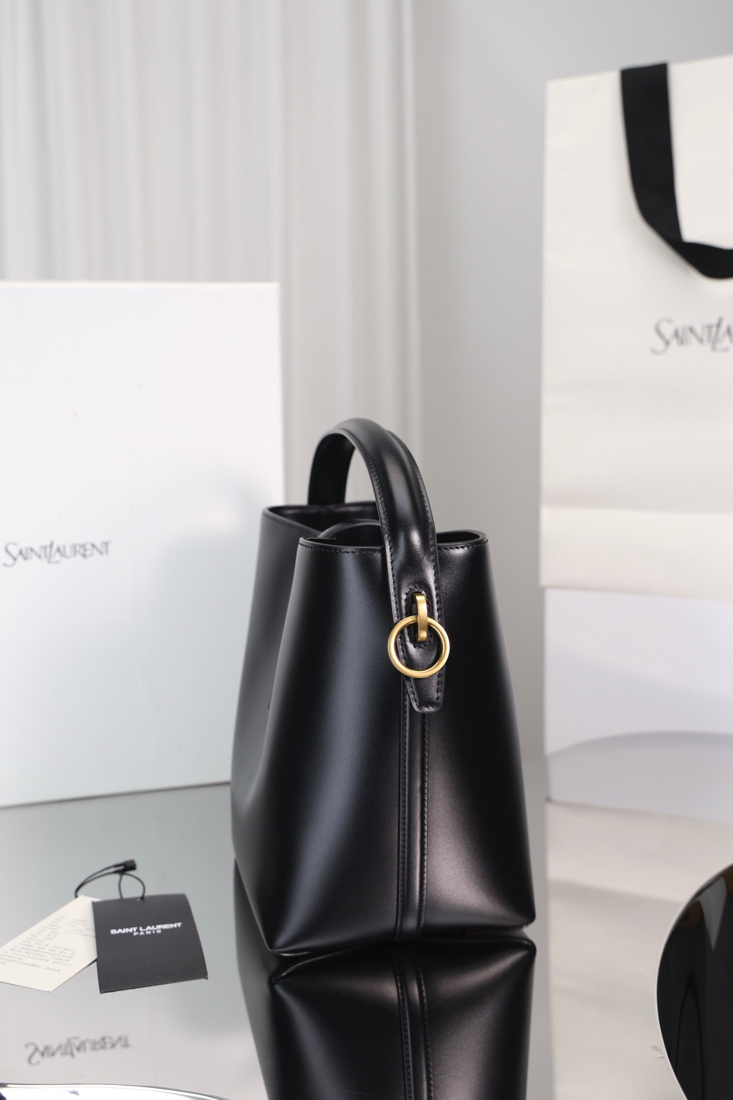 Saint Laurent Le 37 Small Bucket Bag — Black Shiny Leather with Antique Gold Hardware