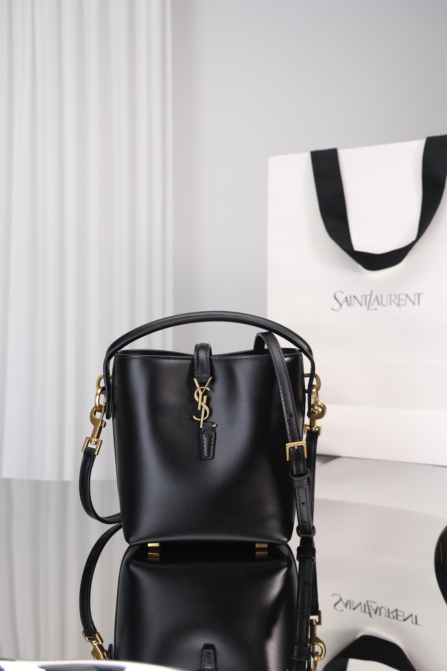 Saint Laurent Le 37 Mini Bucket Bag — Black Shiny Leather with Antique Gold Hardware