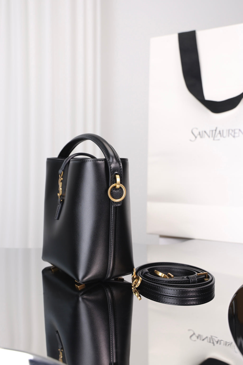 Saint Laurent Le 37 Mini Bucket Bag — Black Shiny Leather with Antique Gold Hardware