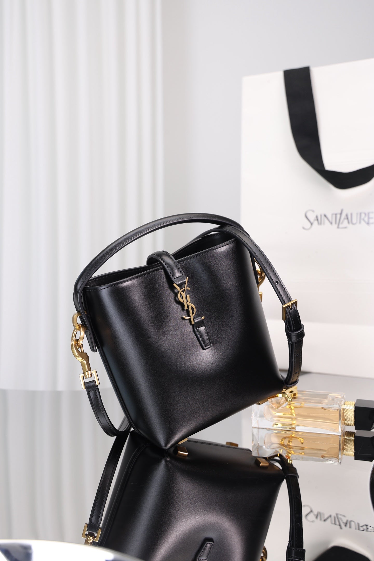 Saint Laurent Le 37 Mini Bucket Bag — Black Shiny Leather with Antique Gold Hardware