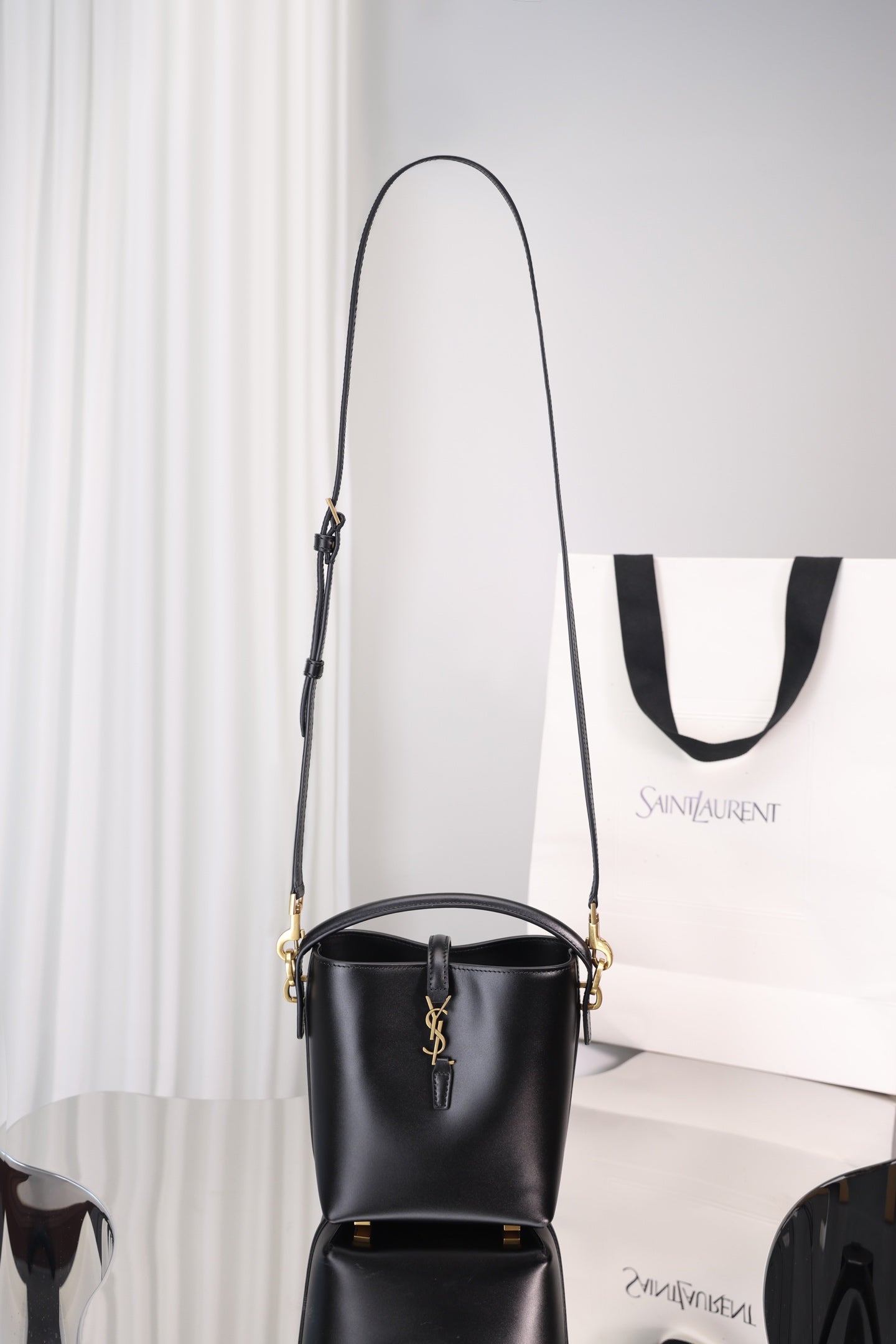 Saint Laurent Le 37 Mini Bucket Bag — Black Shiny Leather with Antique Gold Hardware