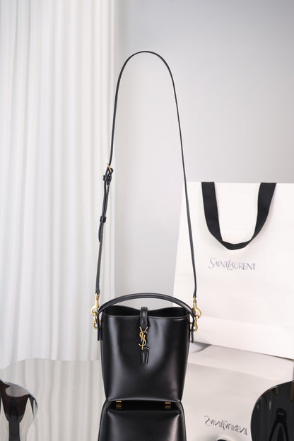 Saint Laurent Le 37 Mini Bucket Bag — Black Shiny Leather with Antique Gold Hardware