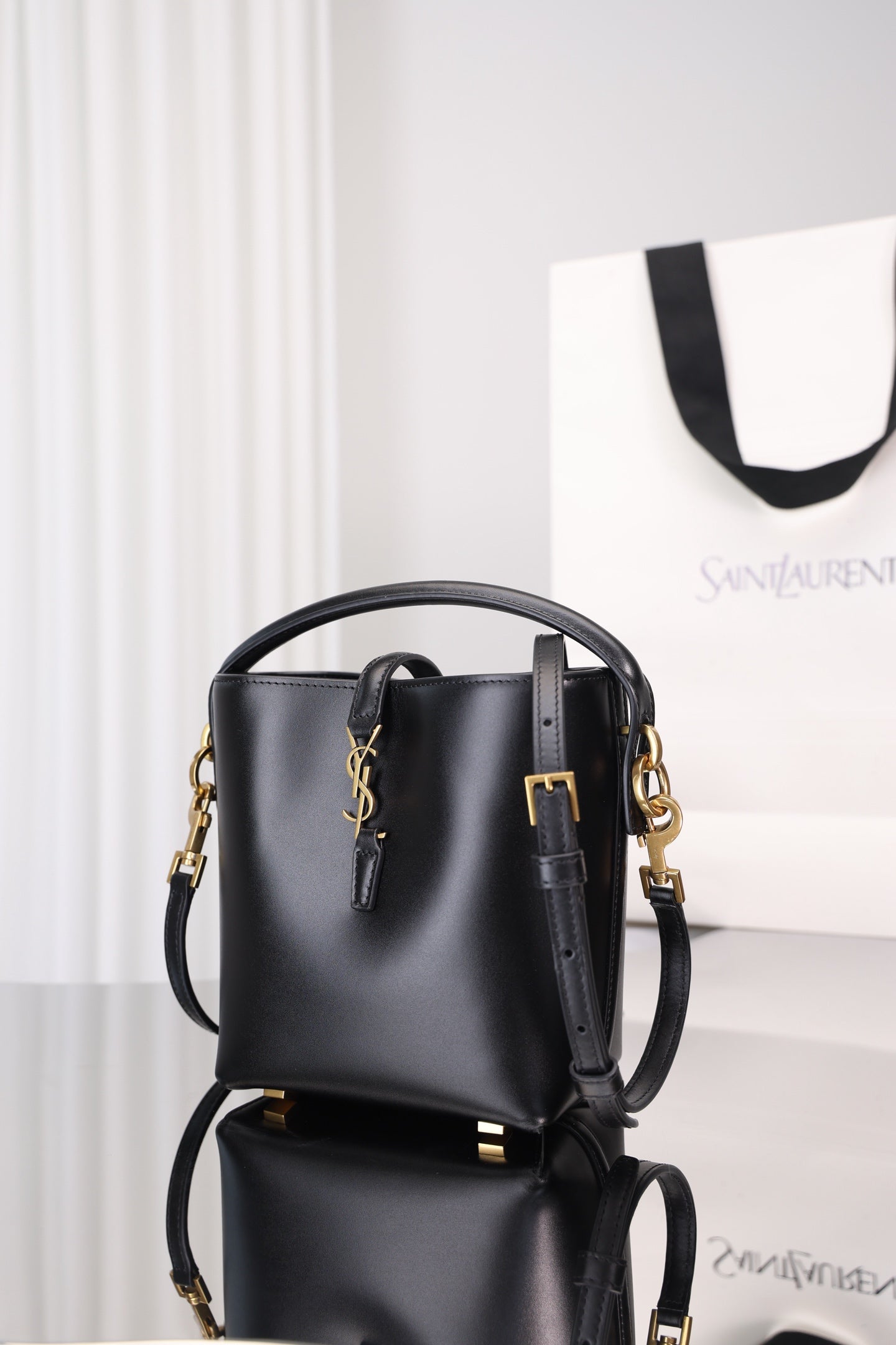 Saint Laurent Le 37 Mini Bucket Bag — Black Shiny Leather with Antique Gold Hardware