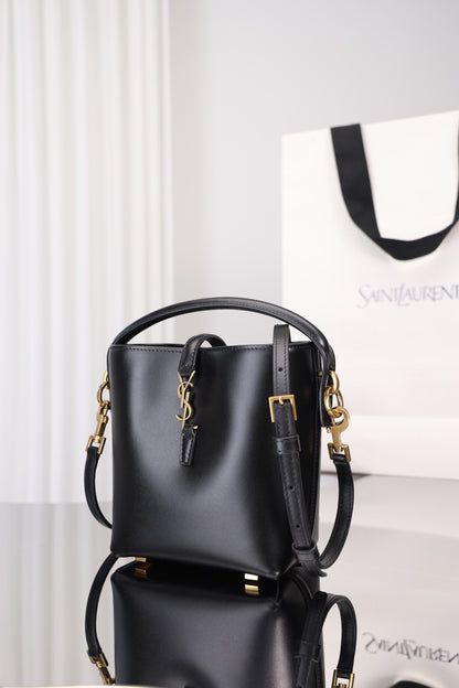 Saint Laurent Le 37 Mini Bucket Bag — Black Shiny Leather with Antique Gold Hardware