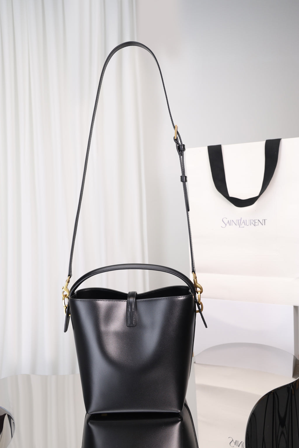 Saint Laurent Le 37 Mini Bucket Bag — Black Shiny Leather with Antique Gold Hardware