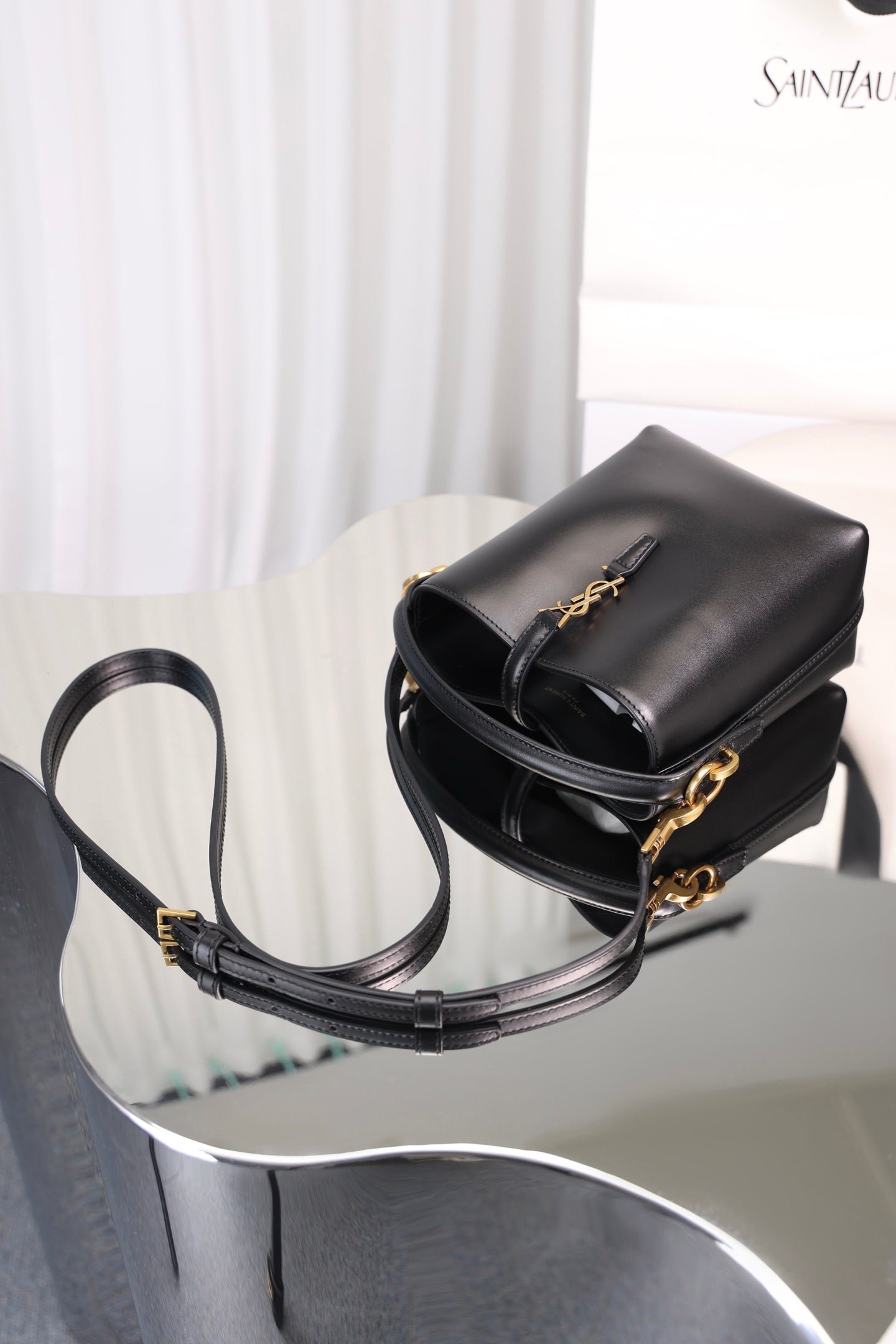 Saint Laurent Le 37 Mini Bucket Bag — Black Shiny Leather with Antique Gold Hardware