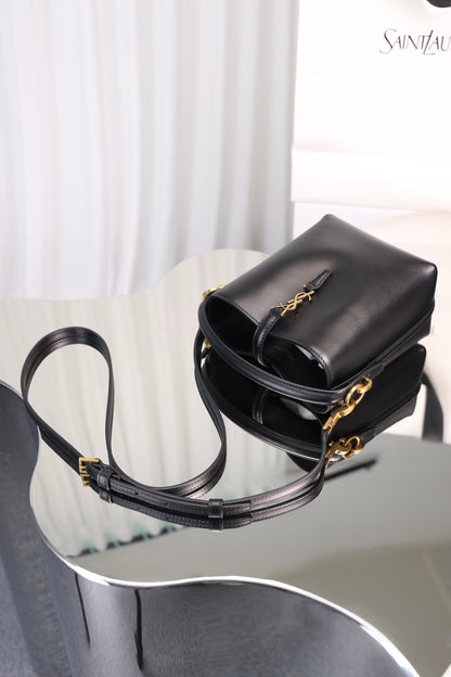 Saint Laurent Le 37 Mini Bucket Bag — Black Shiny Leather with Antique Gold Hardware
