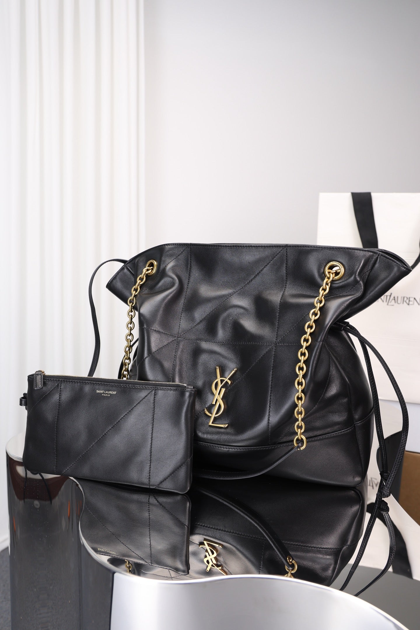 Saint Laurent Jamie Shopping Bag — Black Nappa Lambskin with Antique Gold Hardware