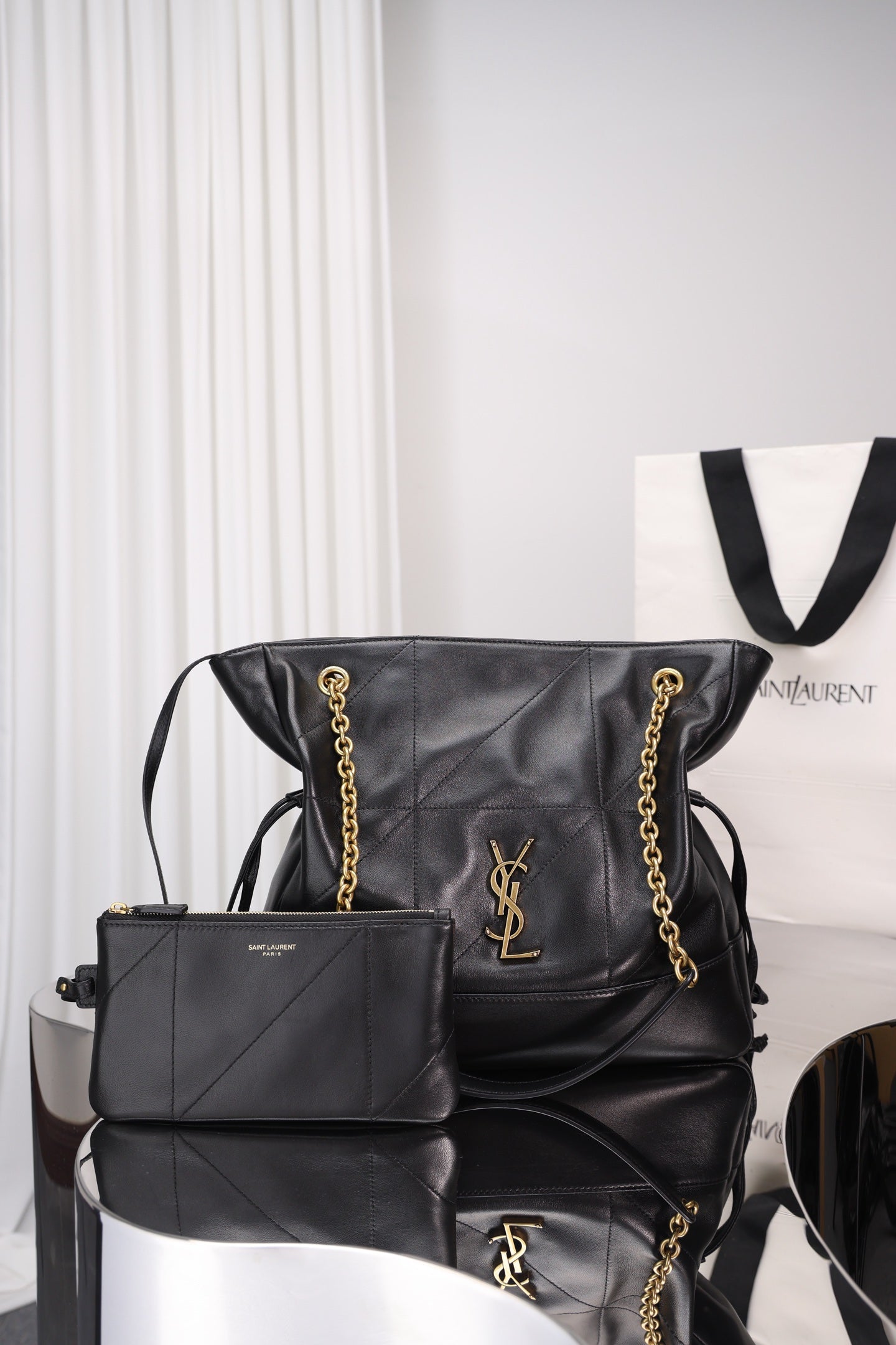 Saint Laurent Jamie Shopping Bag Small — Black Nappa Lambskin with Antique Gold Hardware